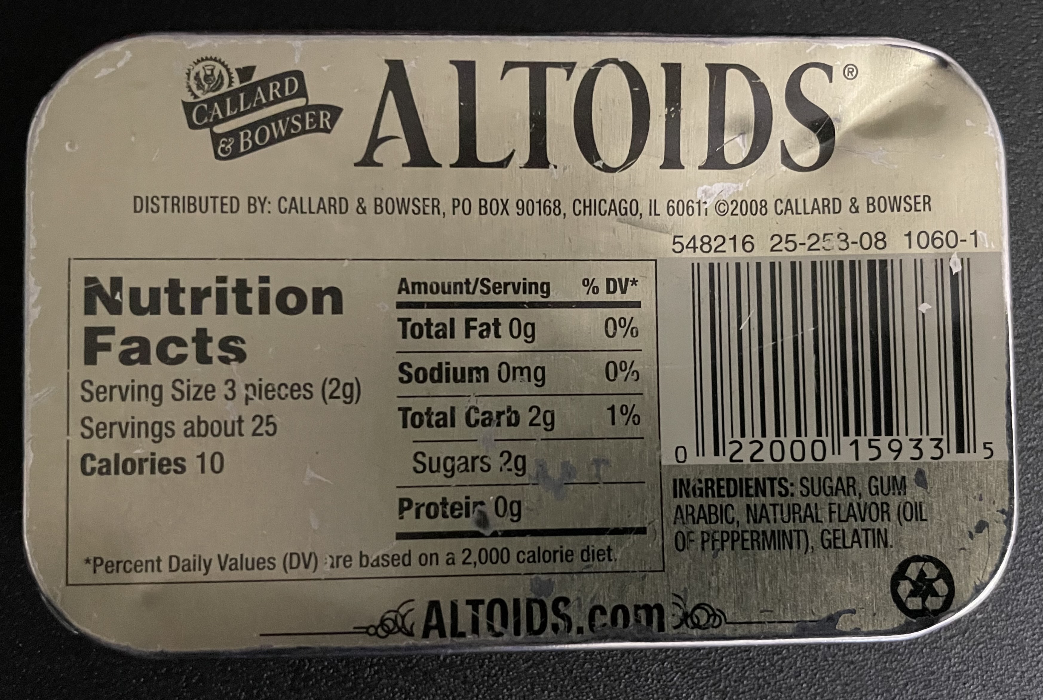 Altoids tin wallet back of Peppermint tin pictured after 7 months of heavy usage /posts/altoids-tin-wallet/altoids_wallet_back.jpg